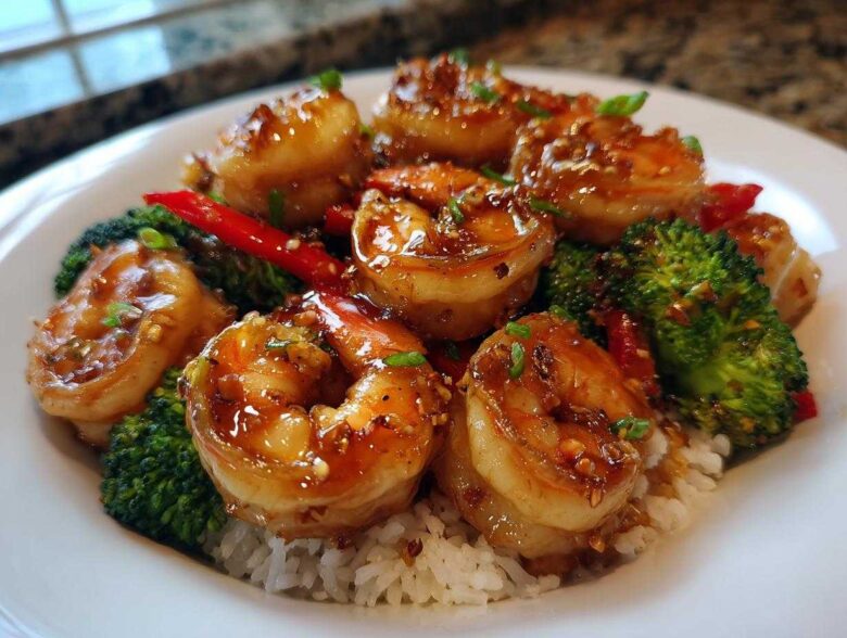 Close-up of Honey Garlic Shrimp Bowls featuring glazed shrimp, bright green broccoli, and red pepper slices over white rice.