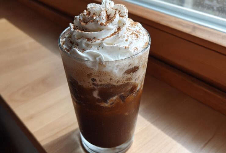 A tall glass of Iced Banana Bread Latte topped with whipped cream and cinnamon.