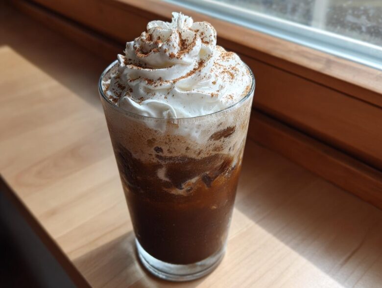 A tall glass of Iced Banana Bread Latte topped with whipped cream and cinnamon.