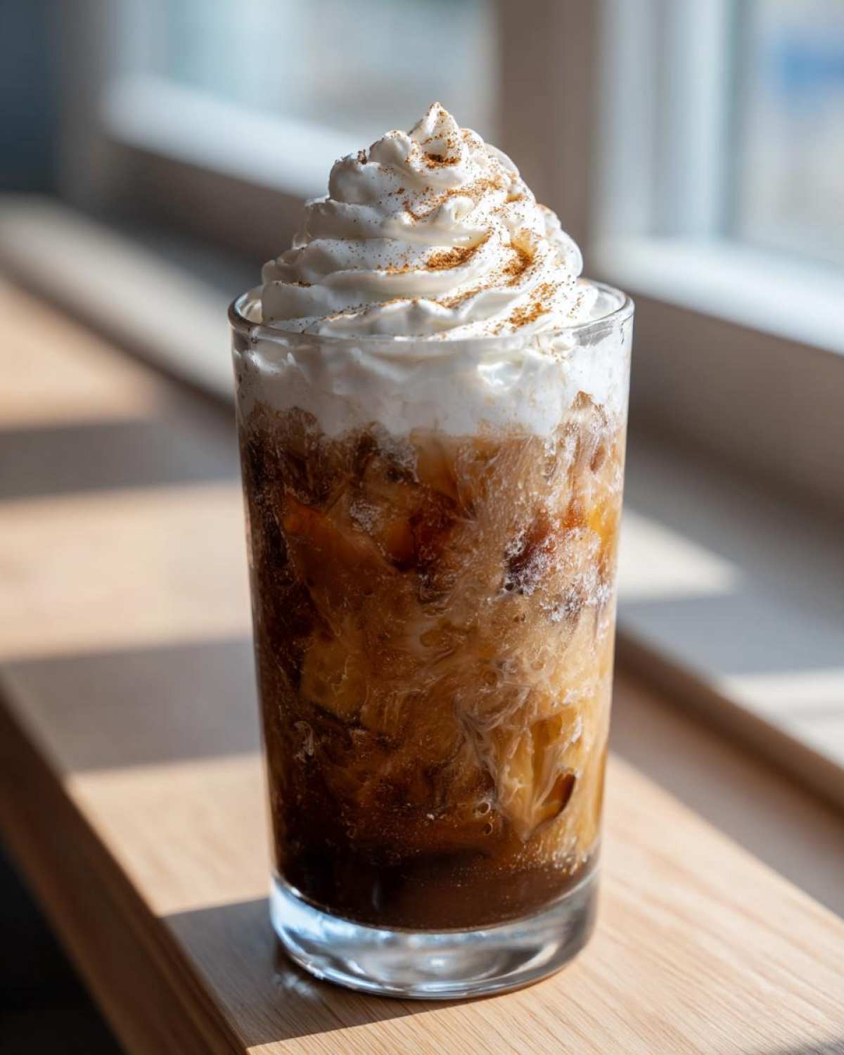 A tall glass of Iced Banana Bread Latte topped with whipped cream and cinnamon.
