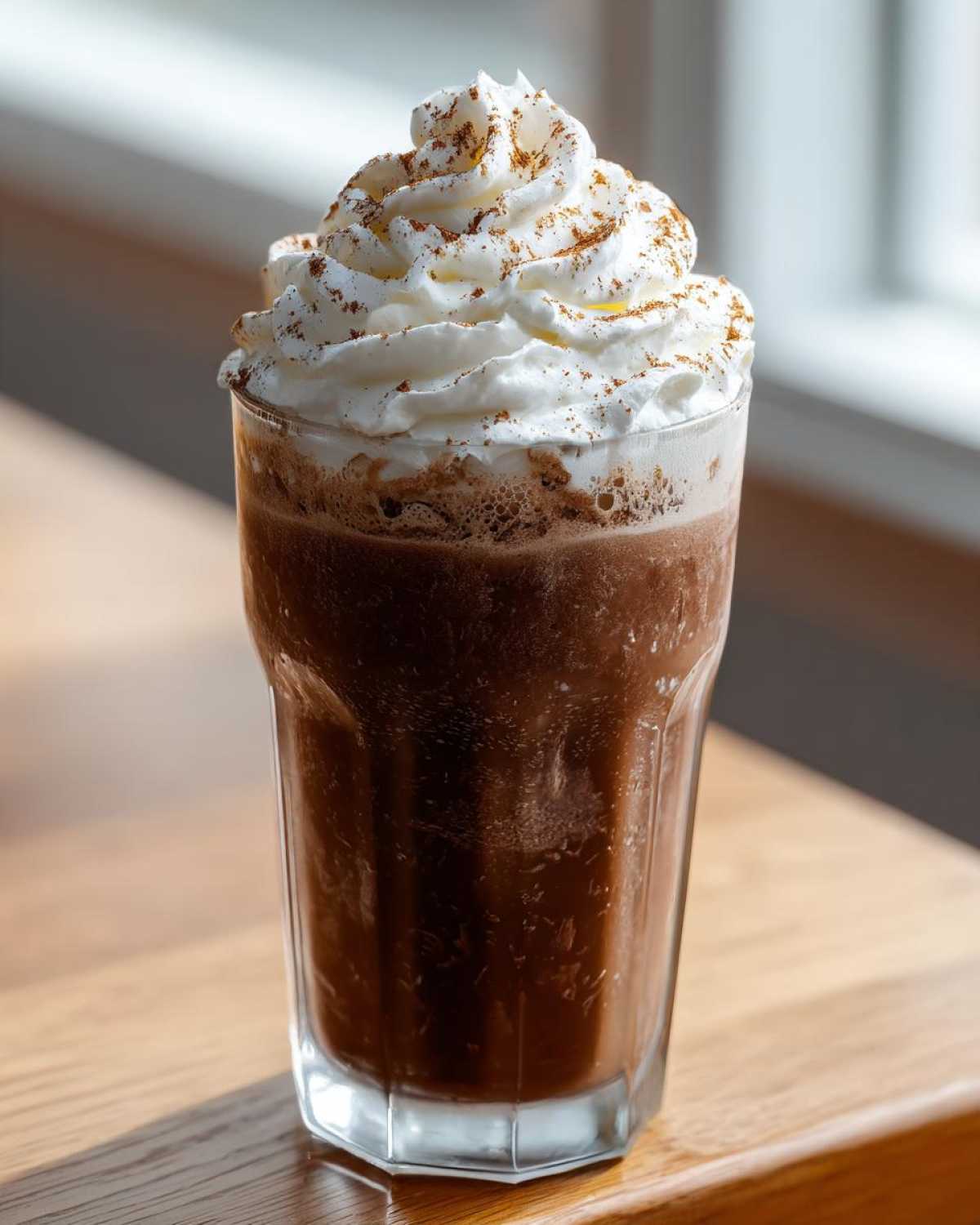 A tall glass of Iced Banana Bread Latte topped high with whipped cream and a sprinkle of cinnamon.
