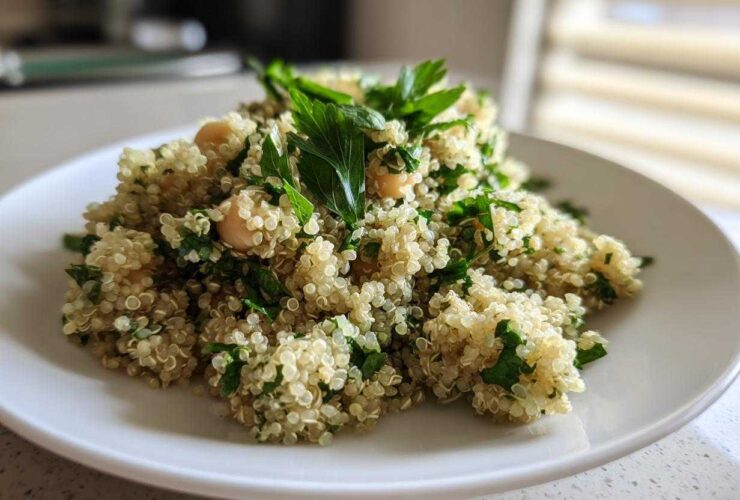 A close-up view of the Jennifer Aniston Salad featuring fluffy quinoa, chickpeas, and fresh parsley on a white plate.