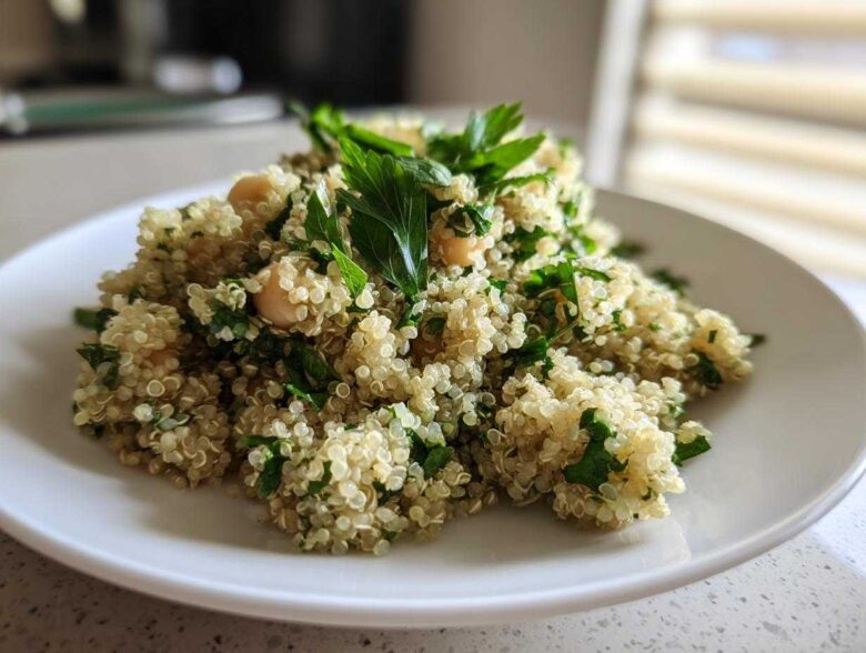 A close-up view of the Jennifer Aniston Salad featuring fluffy quinoa, chickpeas, and fresh parsley on a white plate.