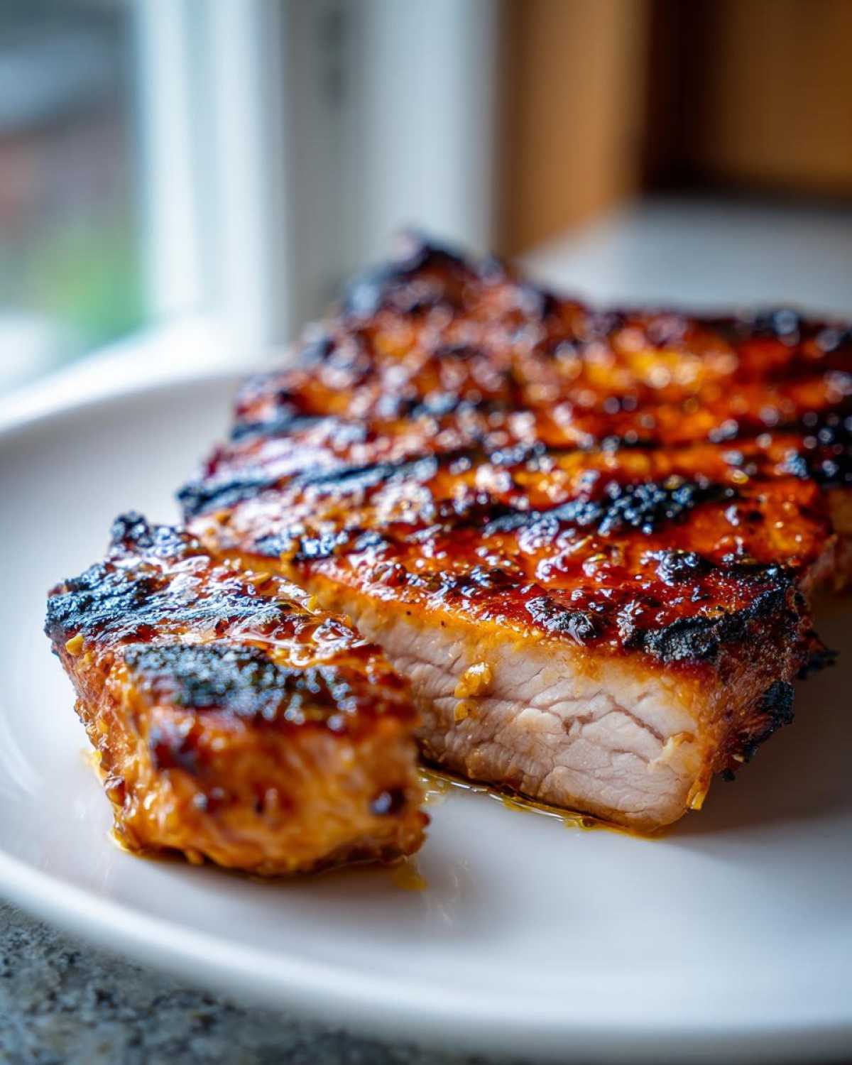 Cross-section of juicy Grilled Honey Mustard Chicken Breasts showing char marks and glaze.