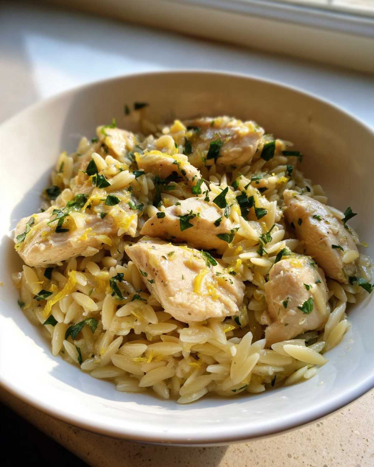 Close-up of Lemon Chicken Orzo Stir Fry topped with lemon zest and fresh parsley in a white bowl.