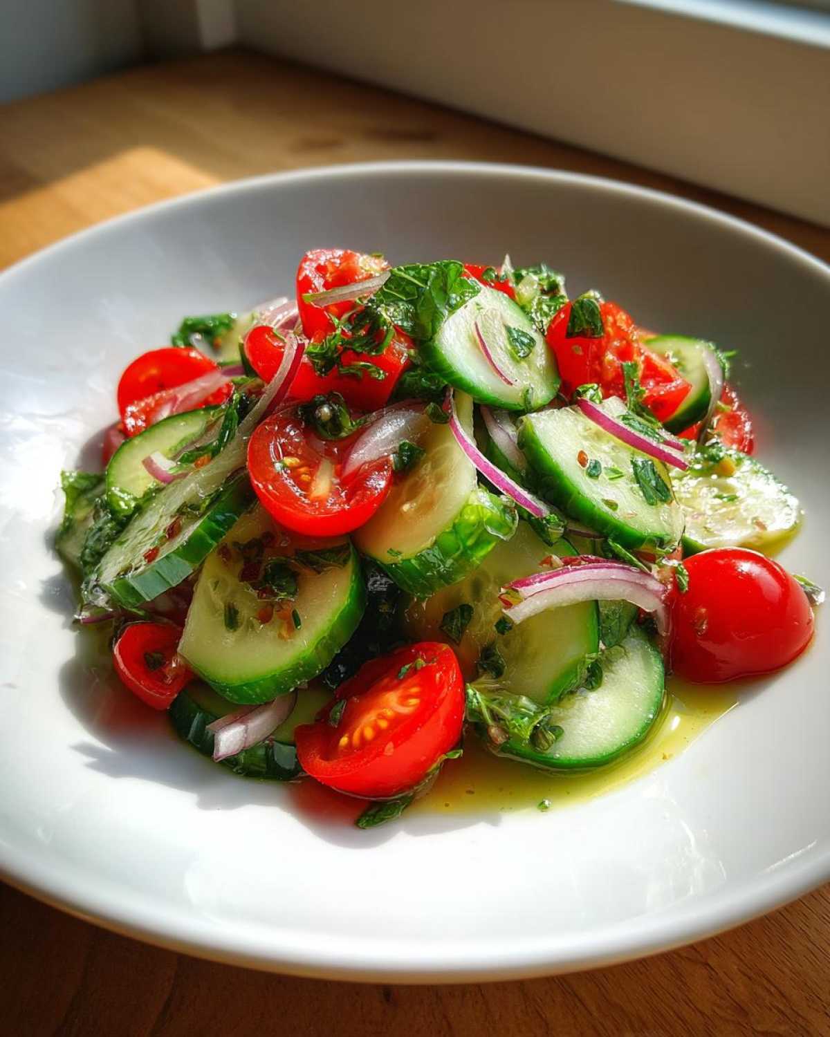 Close-up of a fresh Mediterranean Cucumber Salad with sliced cucumbers, cherry tomatoes, and red onion in a white bowl.