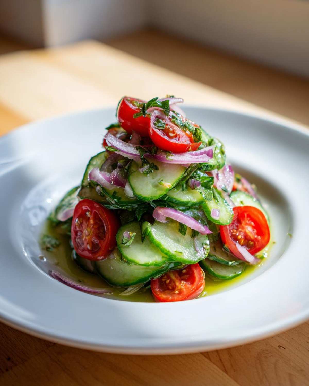 A beautifully plated portion of Mediterranean Cucumber Salad featuring sliced cucumbers, red onion, and halved cherry tomatoes drizzled with dressing.