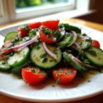 Close-up of a fresh Mediterranean Cucumber Salad featuring sliced cucumbers, halved cherry tomatoes, and red onion.
