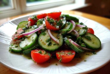 Close-up of a fresh Mediterranean Cucumber Salad featuring sliced cucumbers, halved cherry tomatoes, and red onion.