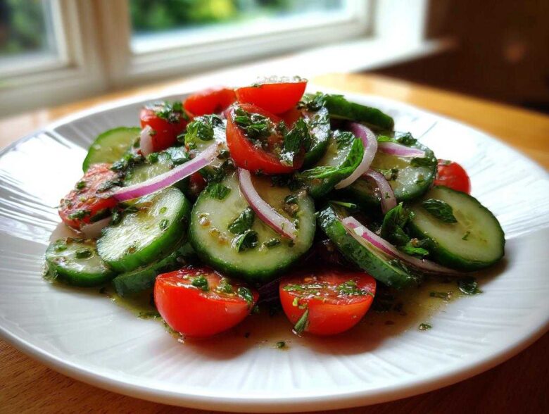 Close-up of a fresh Mediterranean Cucumber Salad featuring sliced cucumbers, halved cherry tomatoes, and red onion.