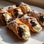 A close-up of several Mini Cannoli Bites filled with cream, topped with chocolate chips, and dusted with powdered sugar.
