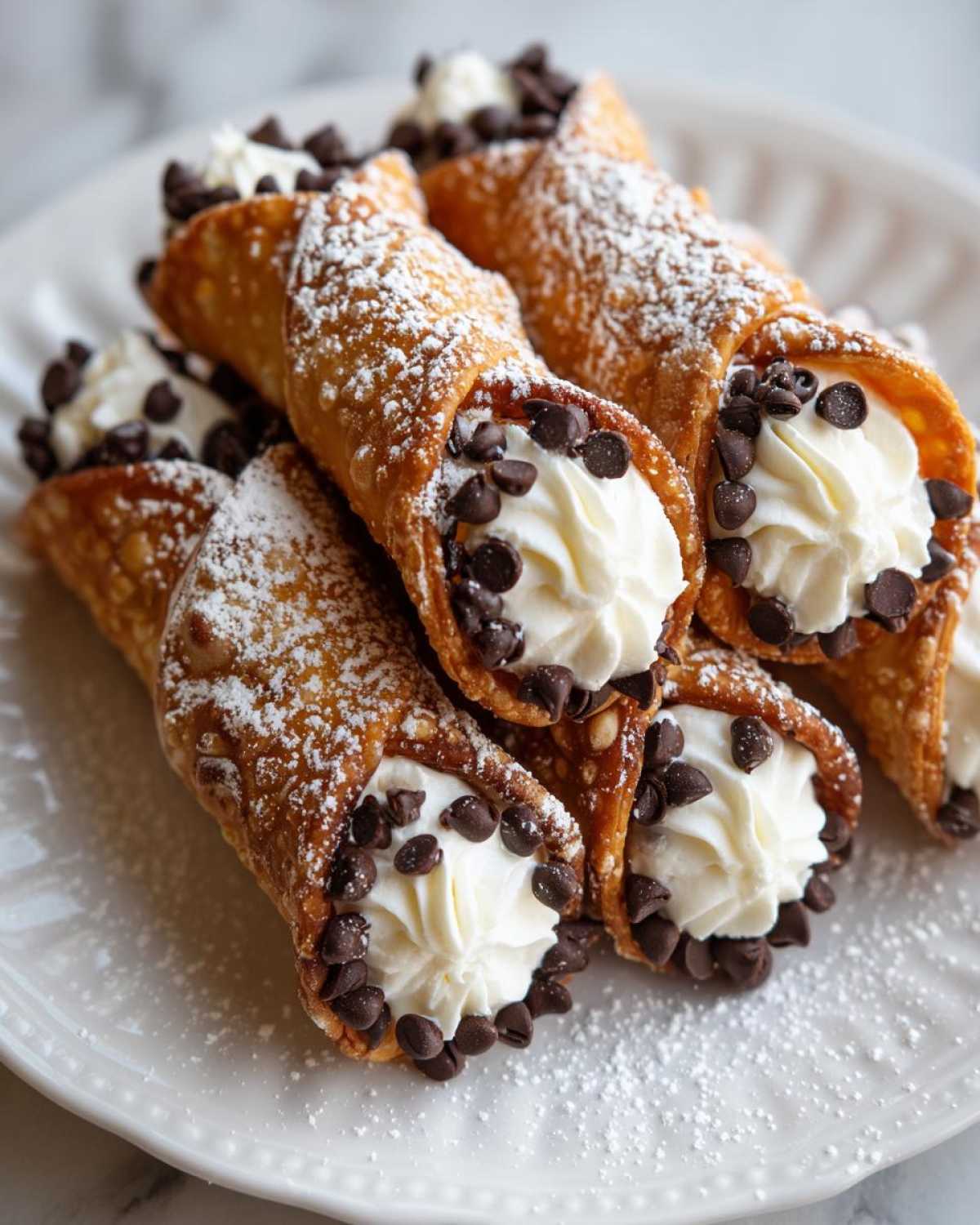 A close-up of several Mini Cannoli Bites filled with cream and dipped in mini chocolate chips, dusted with powdered sugar.