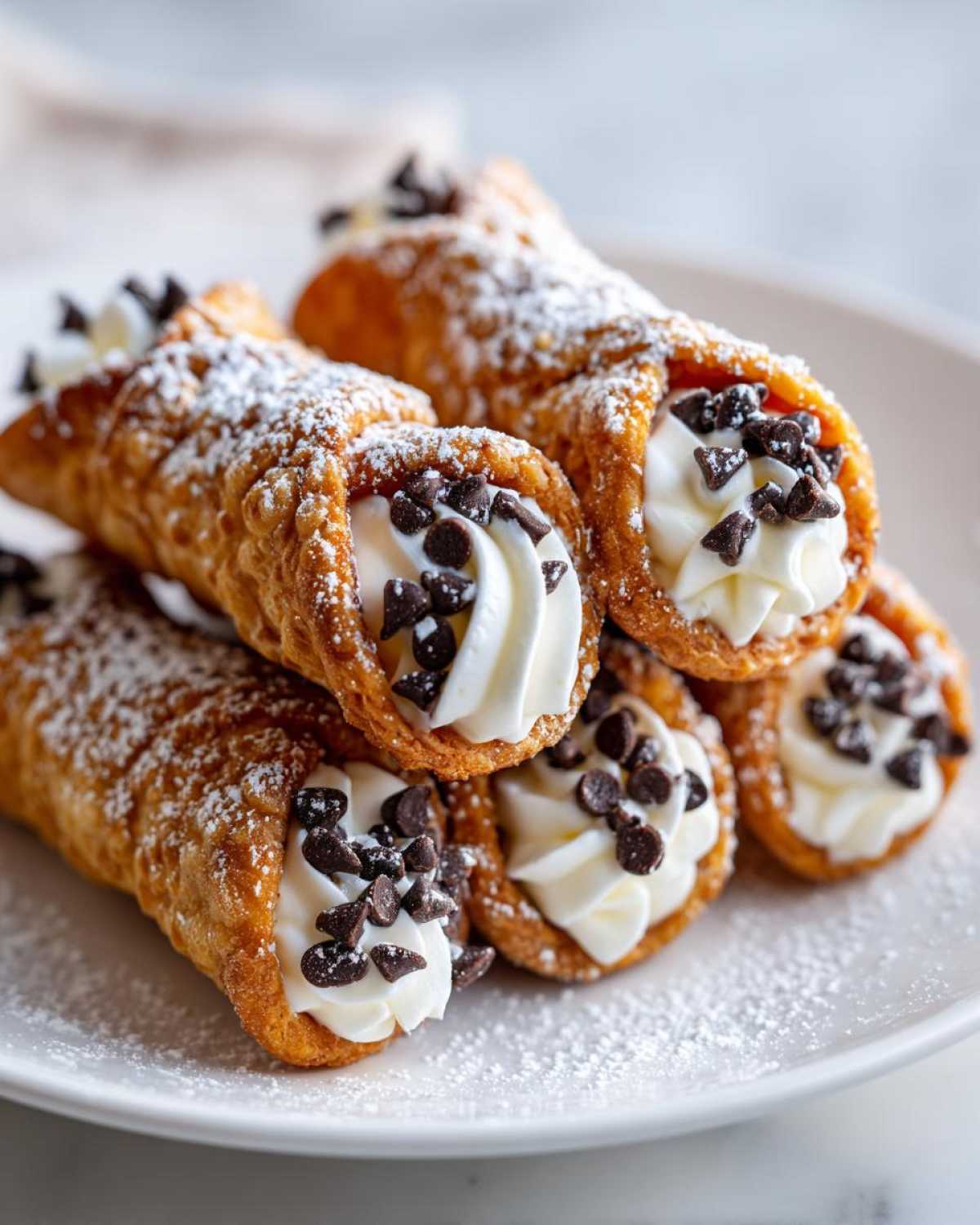 A stack of delicious Mini Cannoli Bites filled with sweet cream and topped with mini chocolate chips and powdered sugar.