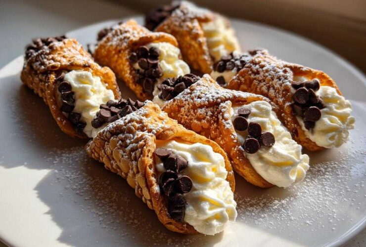 A close-up of several Mini Cannoli Bites filled with cream, topped with chocolate chips, and dusted with powdered sugar.