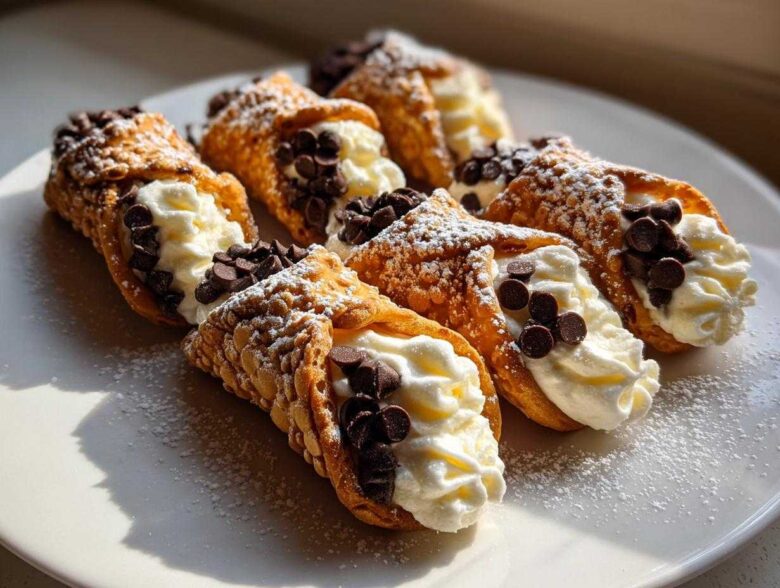 A close-up of several Mini Cannoli Bites filled with cream, topped with chocolate chips, and dusted with powdered sugar.
