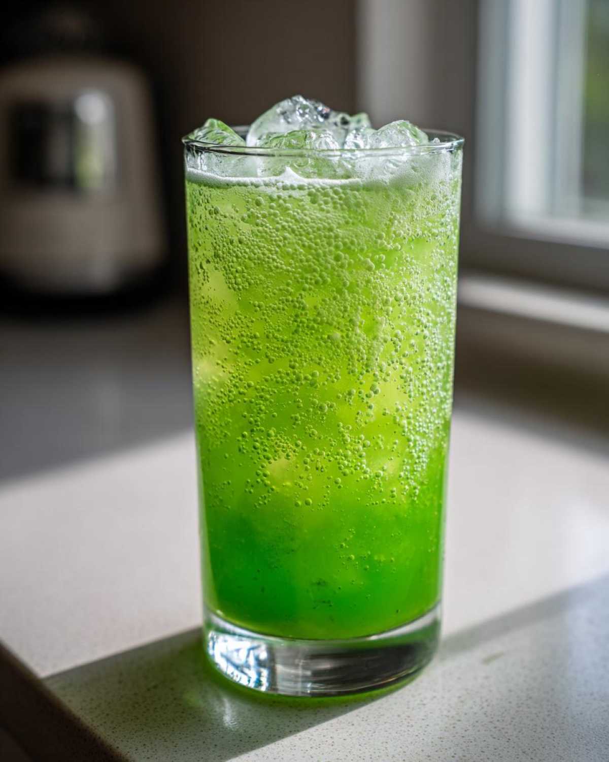 A tall glass filled with bright green, fizzy Mint Limeade with Fresh Cucumber, topped with crushed ice.