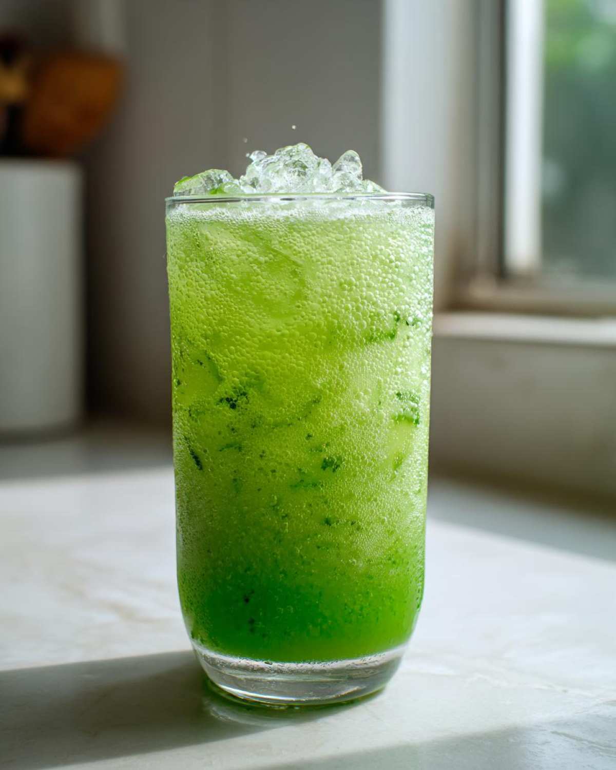 A tall glass filled with vibrant green, fizzy Mint Limeade with Fresh Cucumber and crushed ice.