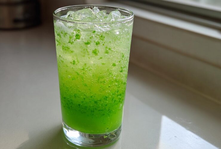 A tall glass filled with bright green, fizzy Mint Limeade with Fresh Cucumber and crushed ice.