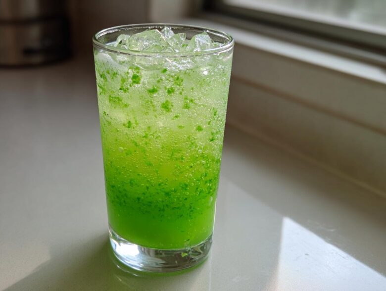 A tall glass filled with bright green, fizzy Mint Limeade with Fresh Cucumber and crushed ice.
