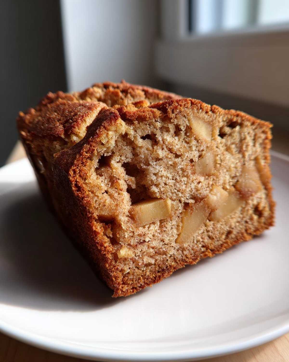 A close-up slice of moist Apple Cinnamon Bread showing chunks of baked apple inside, resting on a white plate.