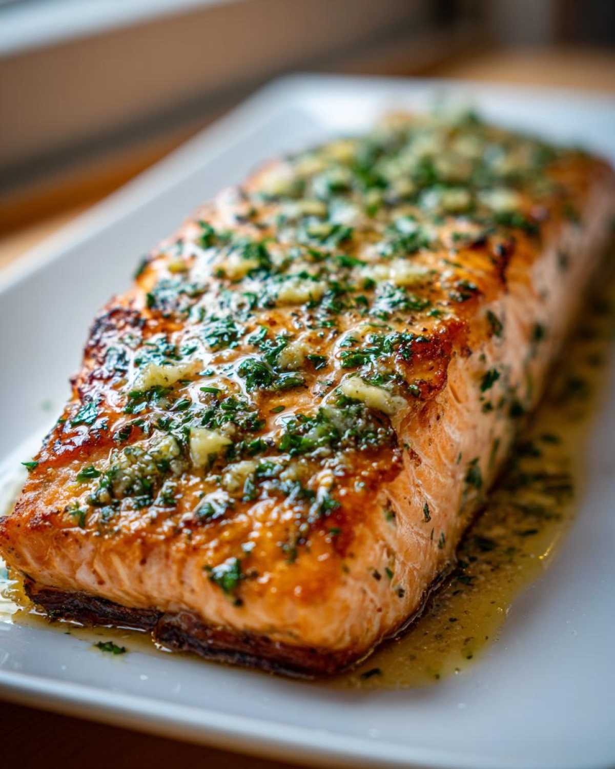 Close-up of a perfectly baked salmon fillet glistening with butter, garlic, and fresh parsley topping.