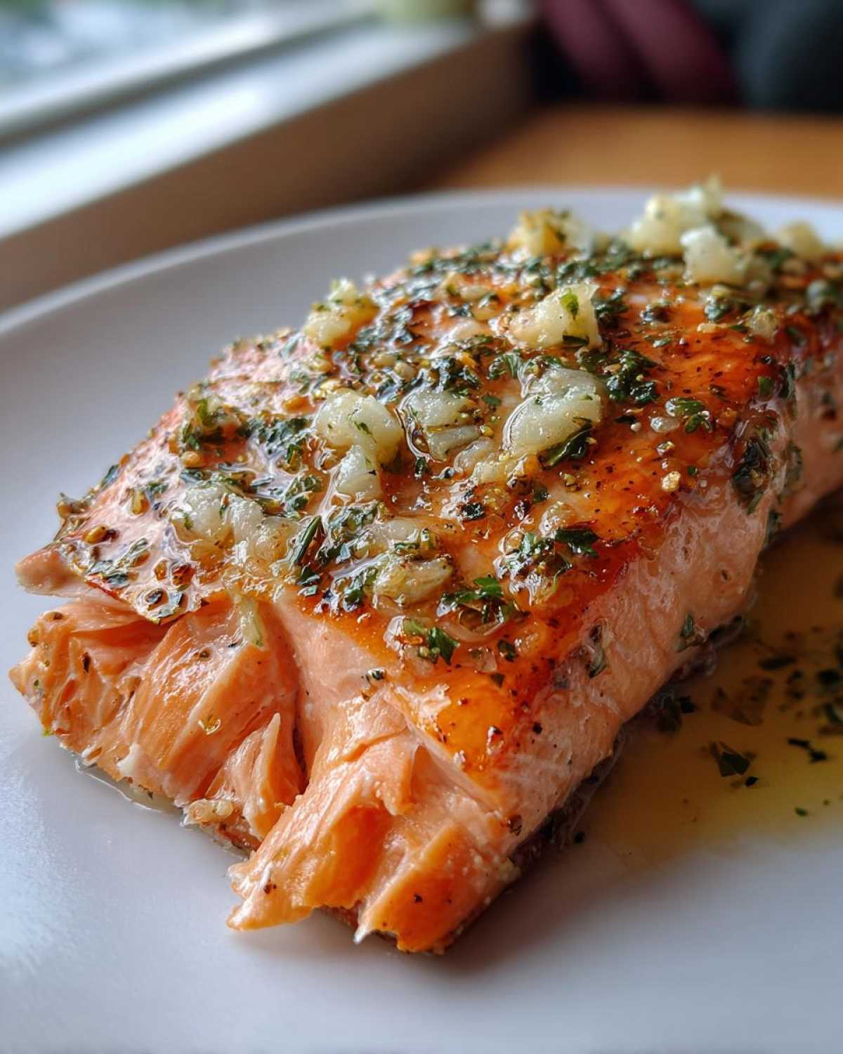 Close-up of a juicy, flaky piece of Baked Salmon topped with melted butter, minced garlic, and fresh parsley.