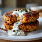Two golden-brown Salmon Patties stacked, drizzled with tangy creamy sauce and topped with capers.