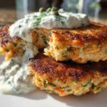 Two golden-brown Salmon Patties stacked, topped with tangy creamy sauce, dill, and capers.