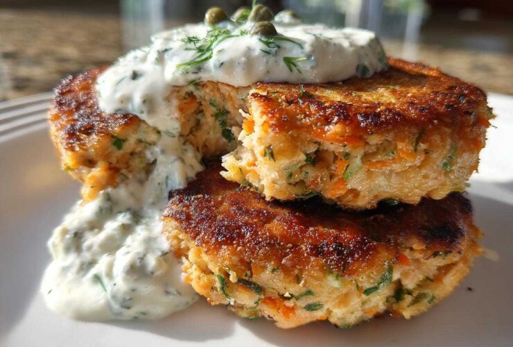 Two golden-brown Salmon Patties stacked, topped with tangy creamy sauce, dill, and capers.