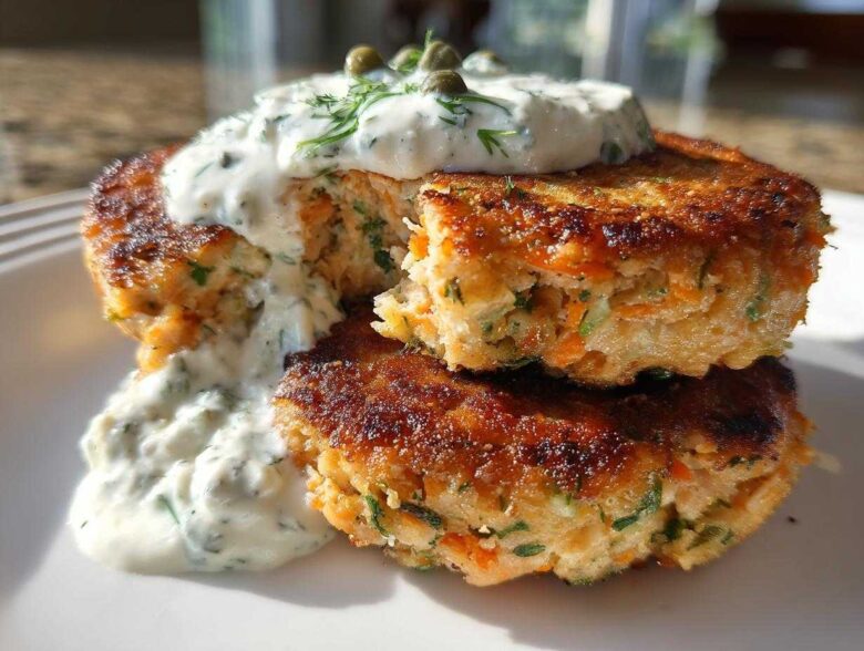 Two golden-brown Salmon Patties stacked, topped with tangy creamy sauce, dill, and capers.