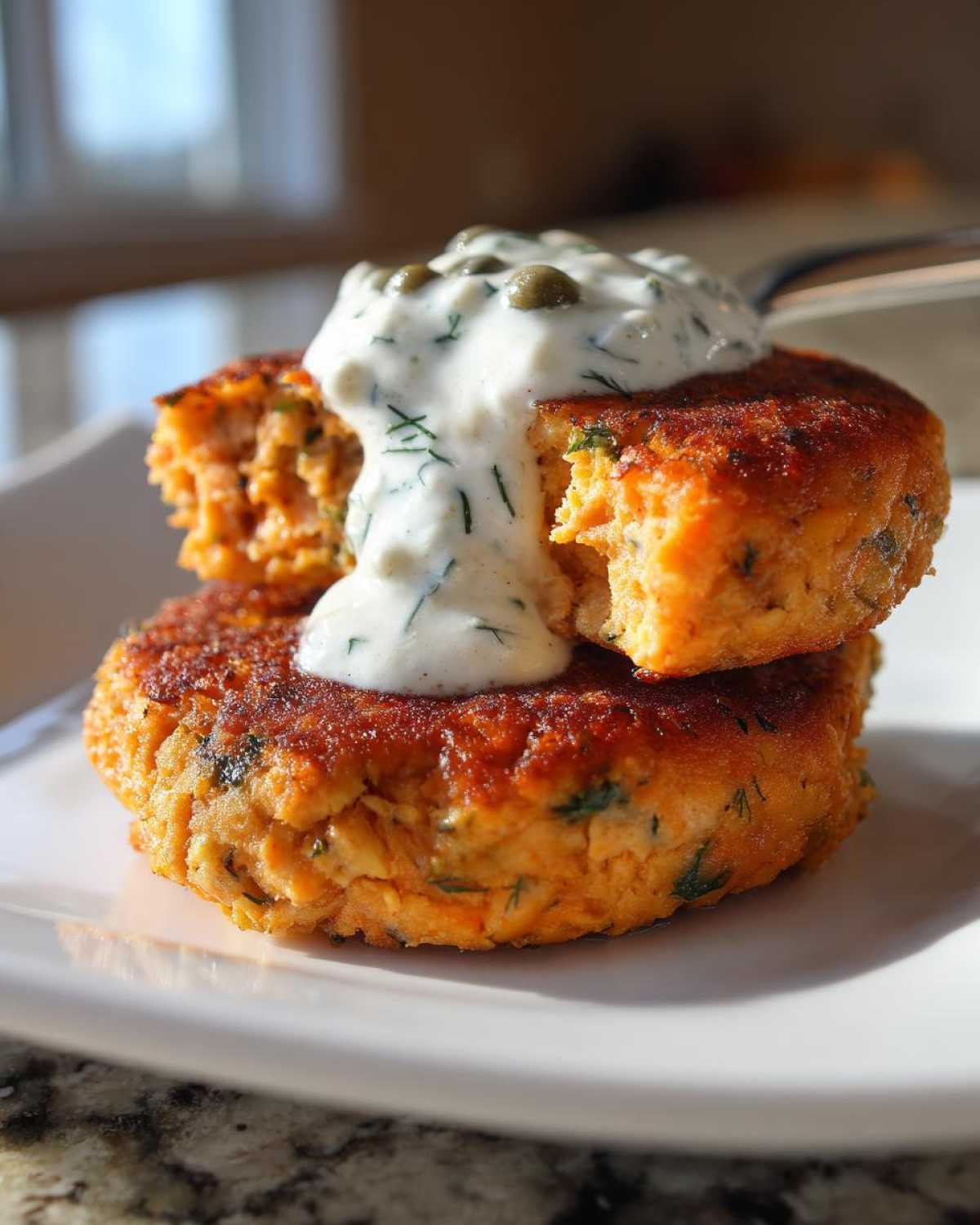 Two golden brown Salmon Patties stacked, topped with a dollop of tangy creamy sauce and capers.
