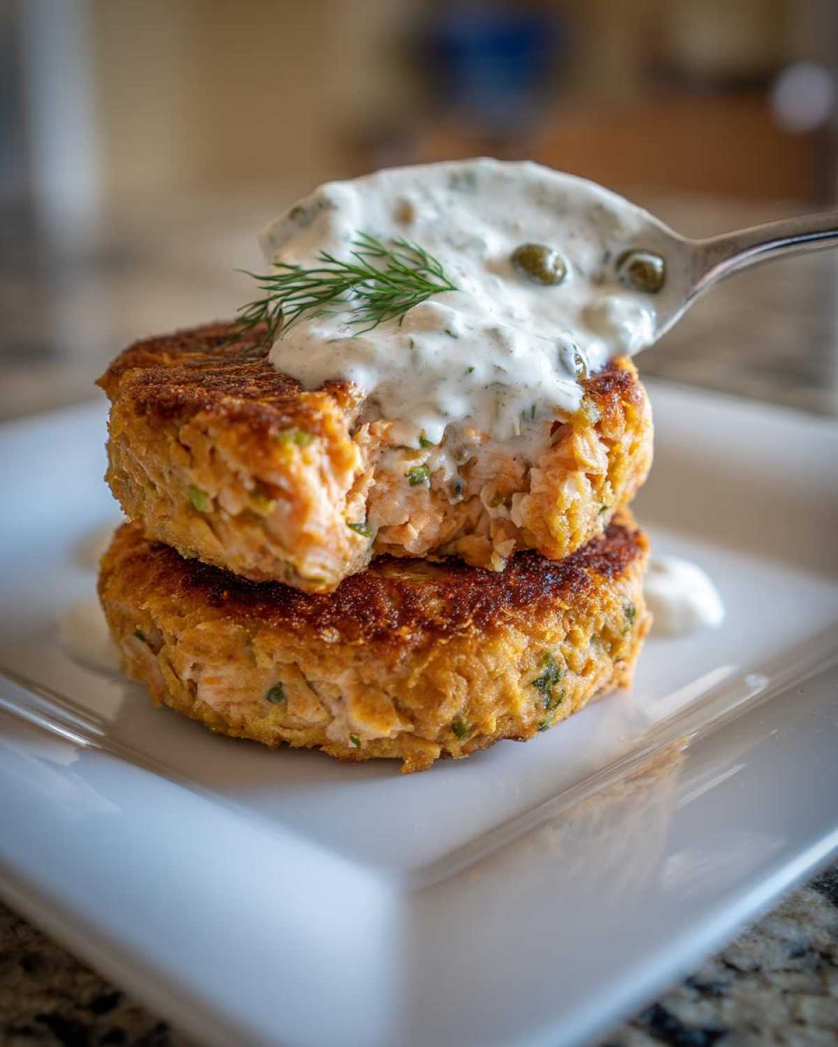 Two stacked, perfectly browned Salmon Patties with a spoonful of tangy creamy sauce topped with dill and capers being added.