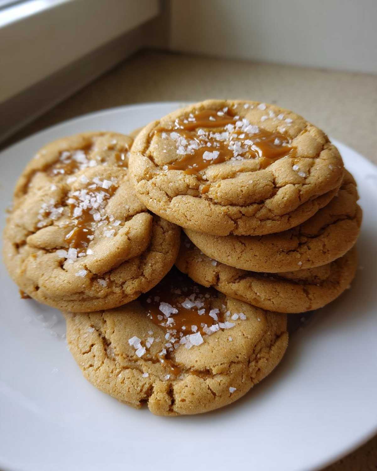 A stack of freshly baked Salted Caramel Cookies topped with gooey caramel and flaky sea salt.