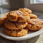 A stack of freshly baked Salted Caramel Cookies drizzled with gooey caramel and topped with flaky sea salt.