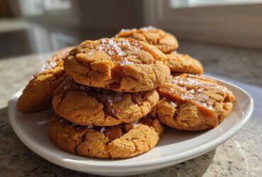 A stack of freshly baked Salted Caramel Cookies drizzled with gooey caramel and topped with flaky sea salt.