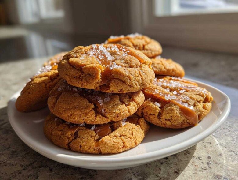 A stack of freshly baked Salted Caramel Cookies drizzled with gooey caramel and topped with flaky sea salt.