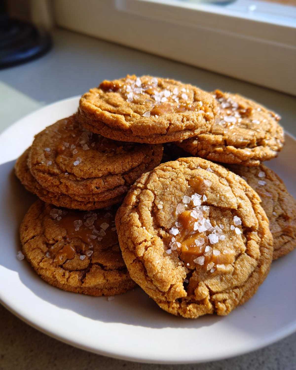 A stack of freshly baked Salted Caramel Cookies topped with gooey caramel centers and flaky sea salt.
