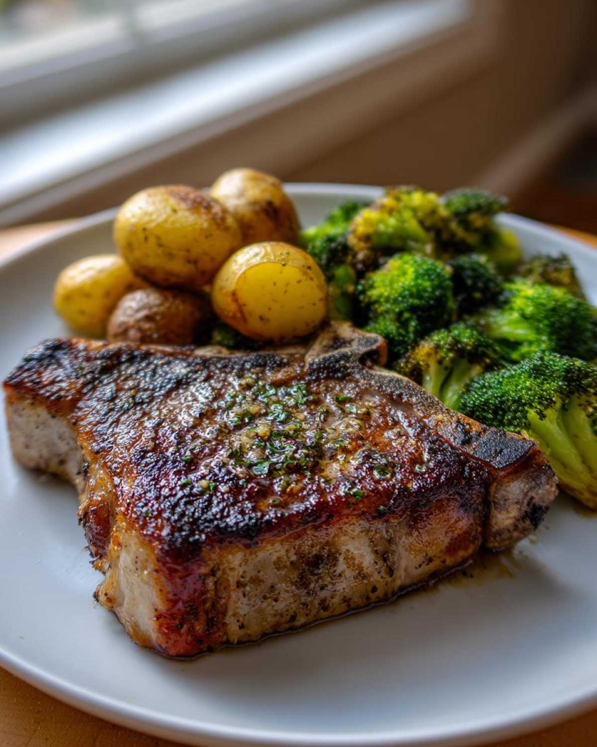 A perfectly seared Sheet Pan Lemon Garlic Pork Chops served with roasted potatoes and bright green broccoli florets.