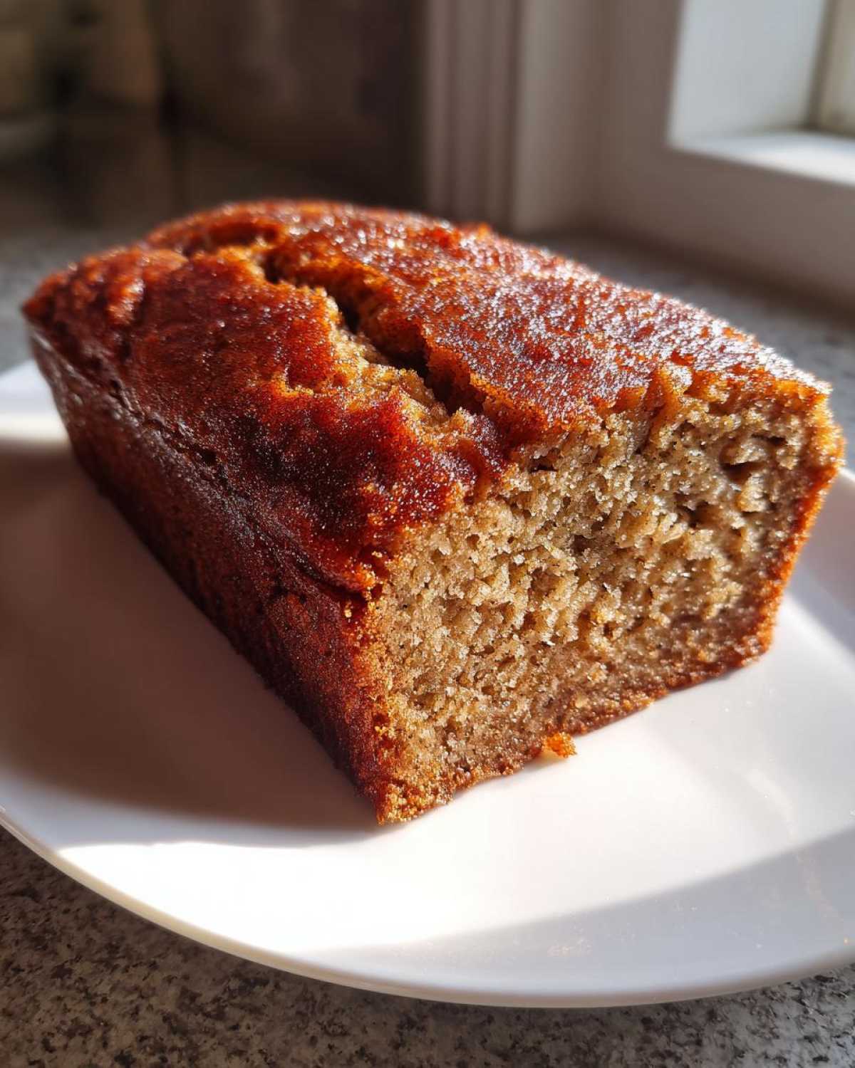 Close-up of a freshly baked Snickerdoodle Banana Bread loaf with a dark, caramelized top.