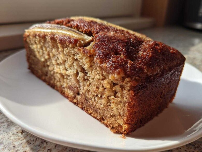 A close-up of a thick slice of Snickerdoodle Banana Bread with a dark, caramelized crust and a visible banana slice on top.