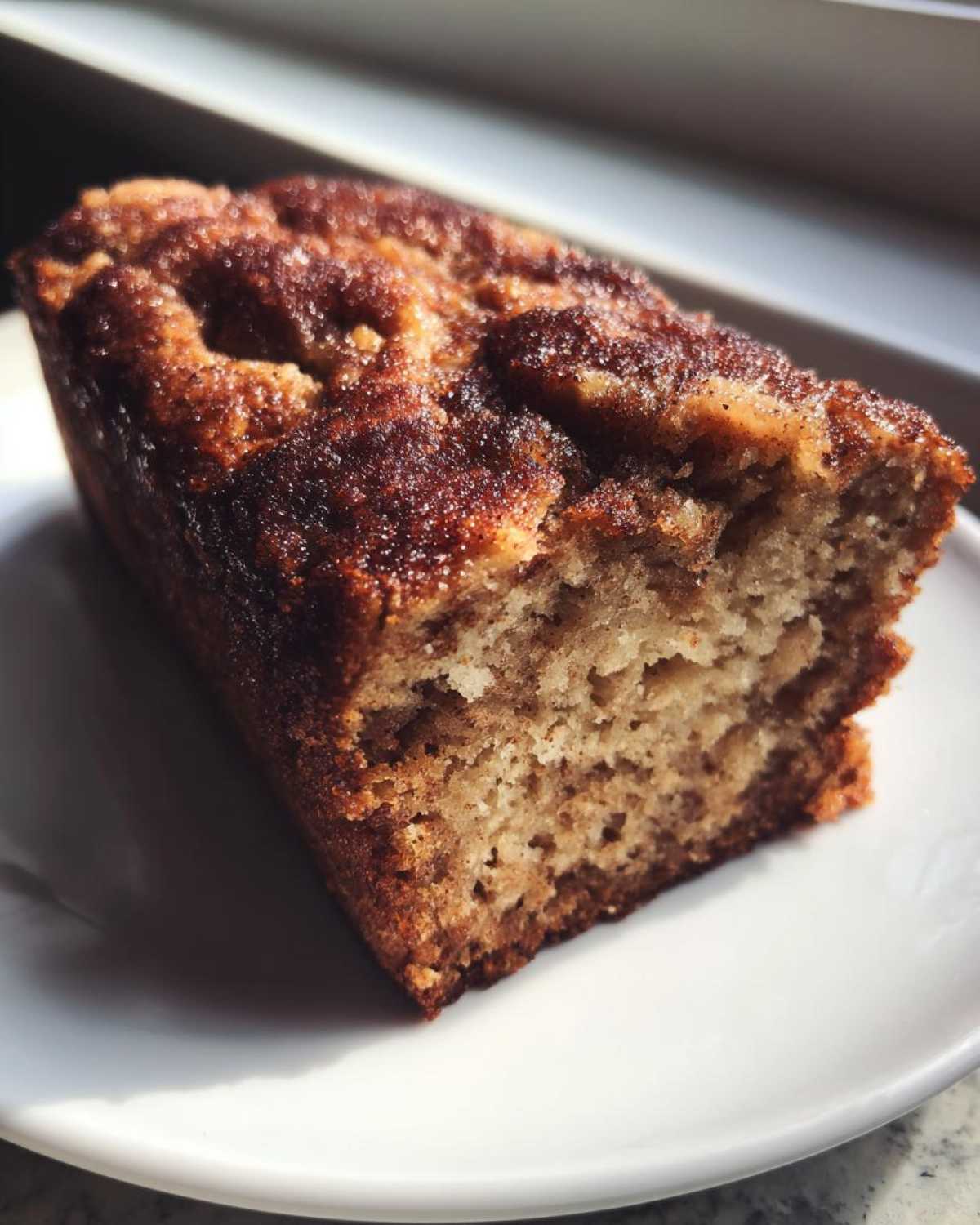 Close-up of a moist slice of Snickerdoodle Banana Bread featuring a dark, sugary cinnamon topping.