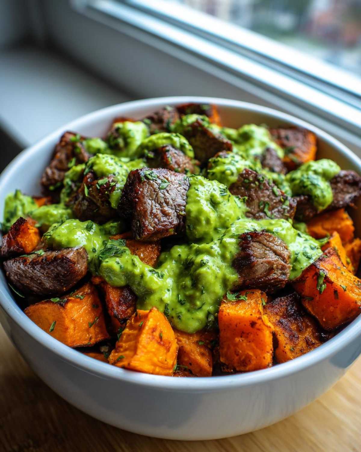 Close-up of Steak and Sweet Potato Bowls topped generously with bright green avocado-cilantro drizzle.