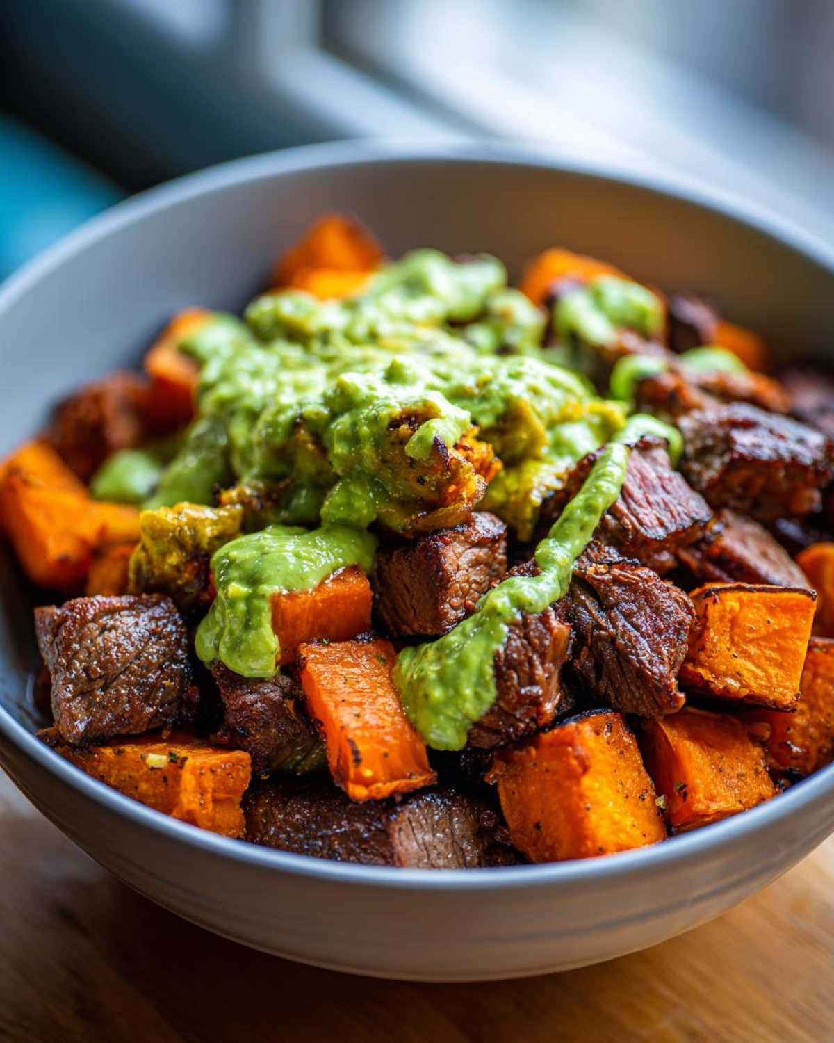Close-up of Steak and Sweet Potato Bowls topped with bright green avocado-cilantro drizzle.