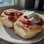 Two fluffy Strawberry Shortcake Cheesecake Rolls drizzled with glaze and topped with strawberry filling and whipped cream on a white plate.