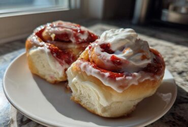 Two fluffy Strawberry Shortcake Cheesecake Rolls drizzled with glaze and topped with strawberry filling and whipped cream on a white plate.