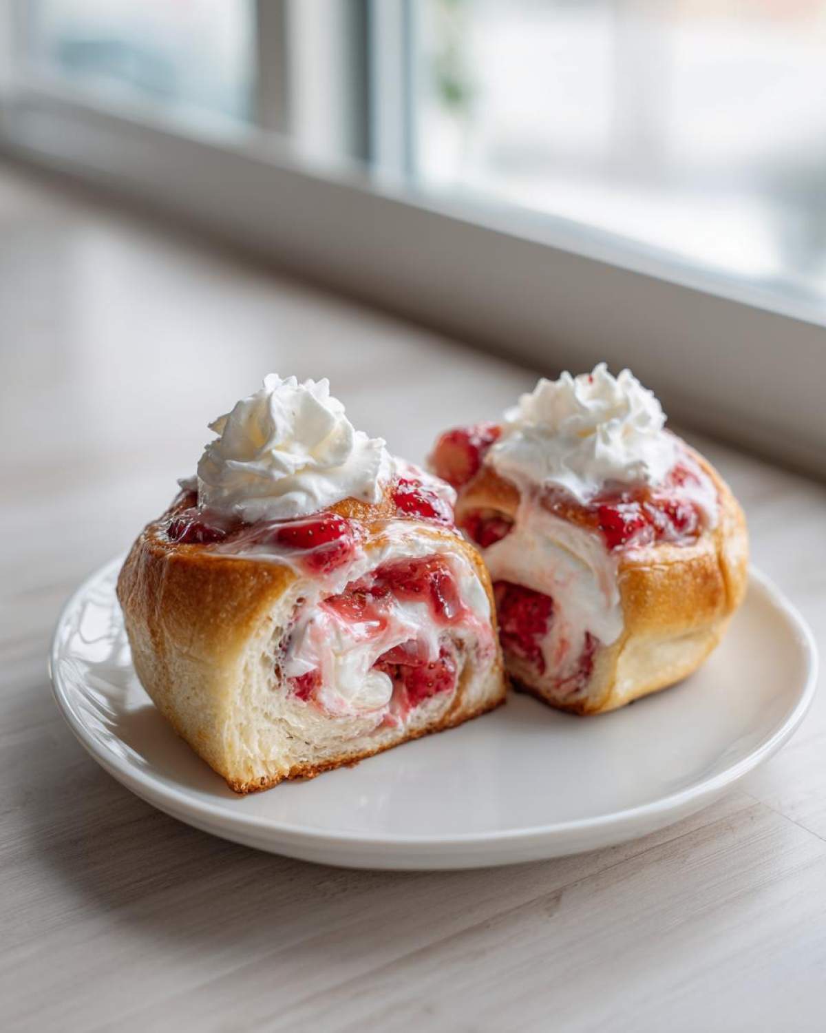 Two halves of a Strawberry Shortcake Cheesecake Roll, showing creamy filling and topped with whipped cream.