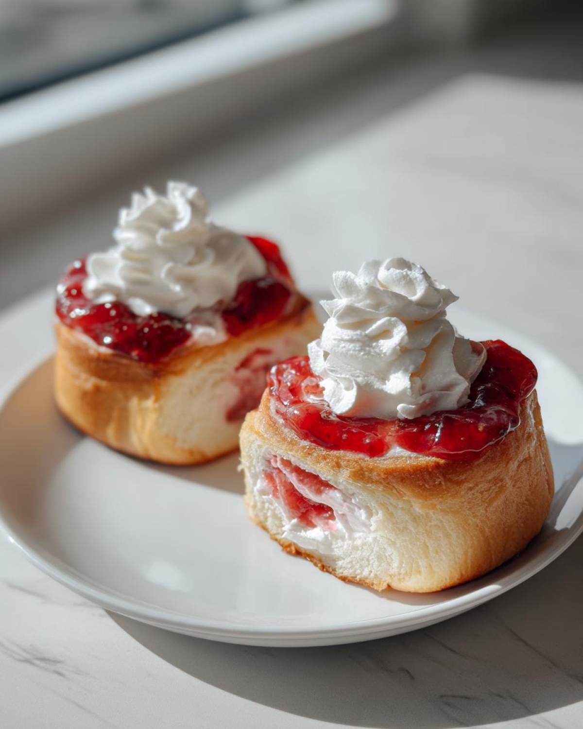 Two Strawberry Shortcake Cheesecake Rolls topped with strawberry glaze and a dollop of whipped cream on a white plate.