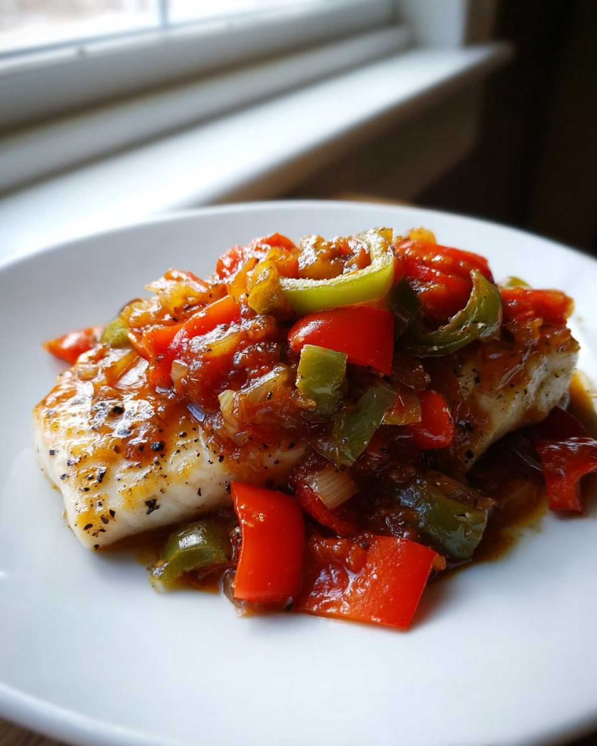 A close-up of a seasoned Tilapia in Pepper Sauce, topped with sautéed red and green bell peppers and onions.