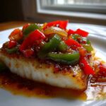 A close-up of a perfectly cooked fillet of Tilapia in Pepper Sauce topped with colorful bell peppers.