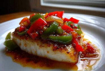 A close-up of a perfectly cooked fillet of Tilapia in Pepper Sauce topped with colorful bell peppers.